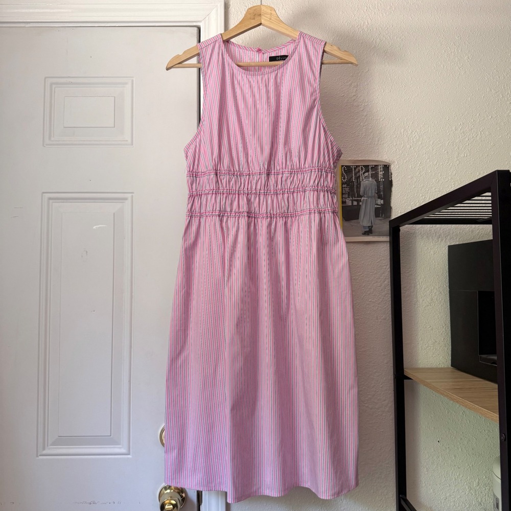 DELUC pink white striped ruched waist sleeveless midi shirt dress